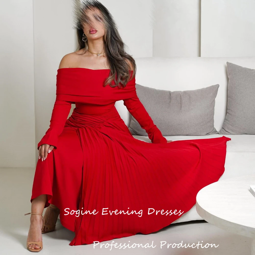 Crepe personalizado vermelho fora do ombro plissado vestidos de noite 3/4 manga فسات intelliات para mulheres sexy vestido de cocktail