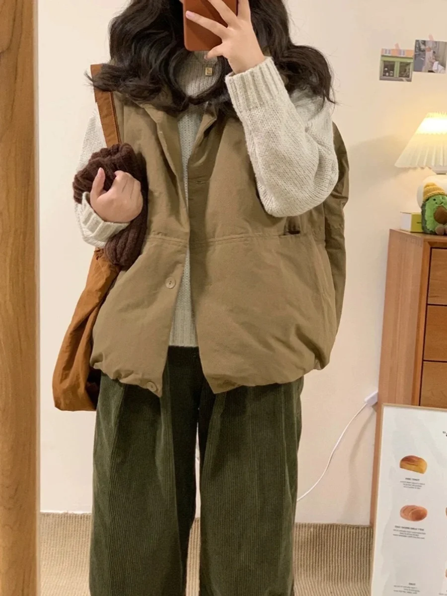 

Sli Casual Cotton Vest Women's Autumn Winter Loose Layered Warm Collar Jaet Outerwear Faionable Trendy Pure Color Ver...