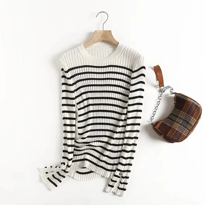 Jenny&Dave England Style Office Lady Fashion Striped Buttons Side Of Sleeve Knitwear Casual Sweaters Women Tops