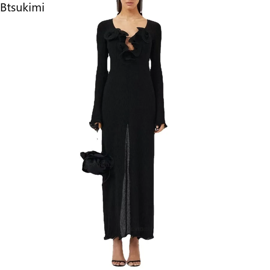 Robe longue à col en v pour femmes, belle robe chemisier transparente à manches longues, robes élégantes de couleur unie à la mode