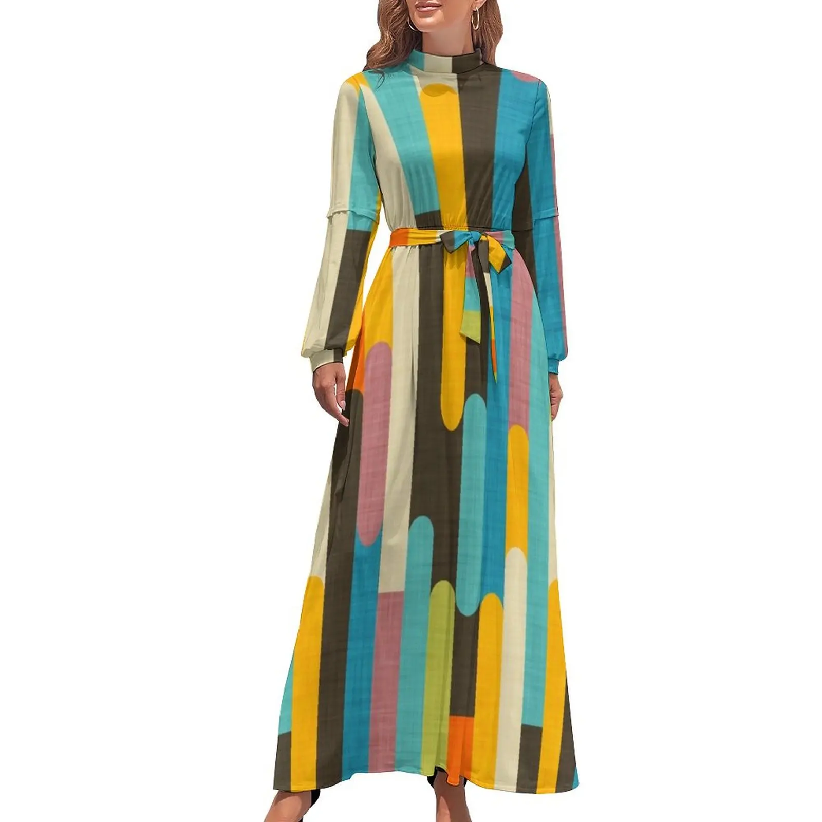 

Retro Color Block Popsicle Sticks Blue Long Dress women party dresses dresses for womens Women's dresses dress