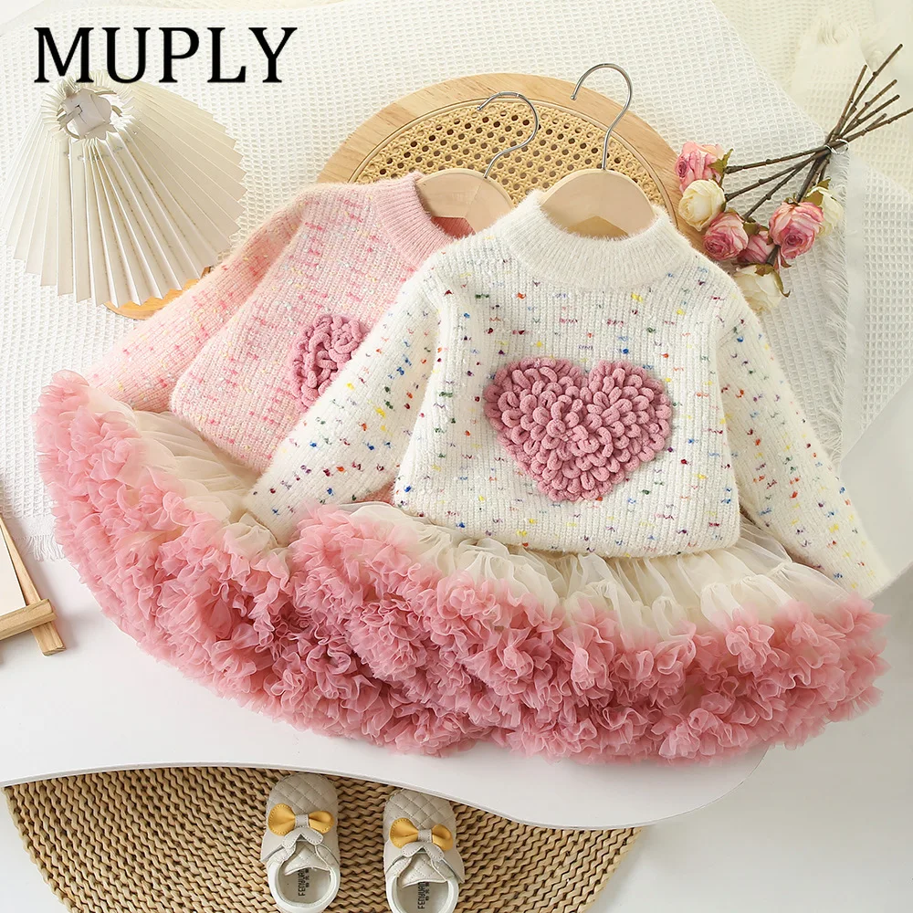 

New Kids Clothing Set 2 PCS Sweater Suit 3D Heart Knit Pullover And Tulle Skirt Girls Clothing Set