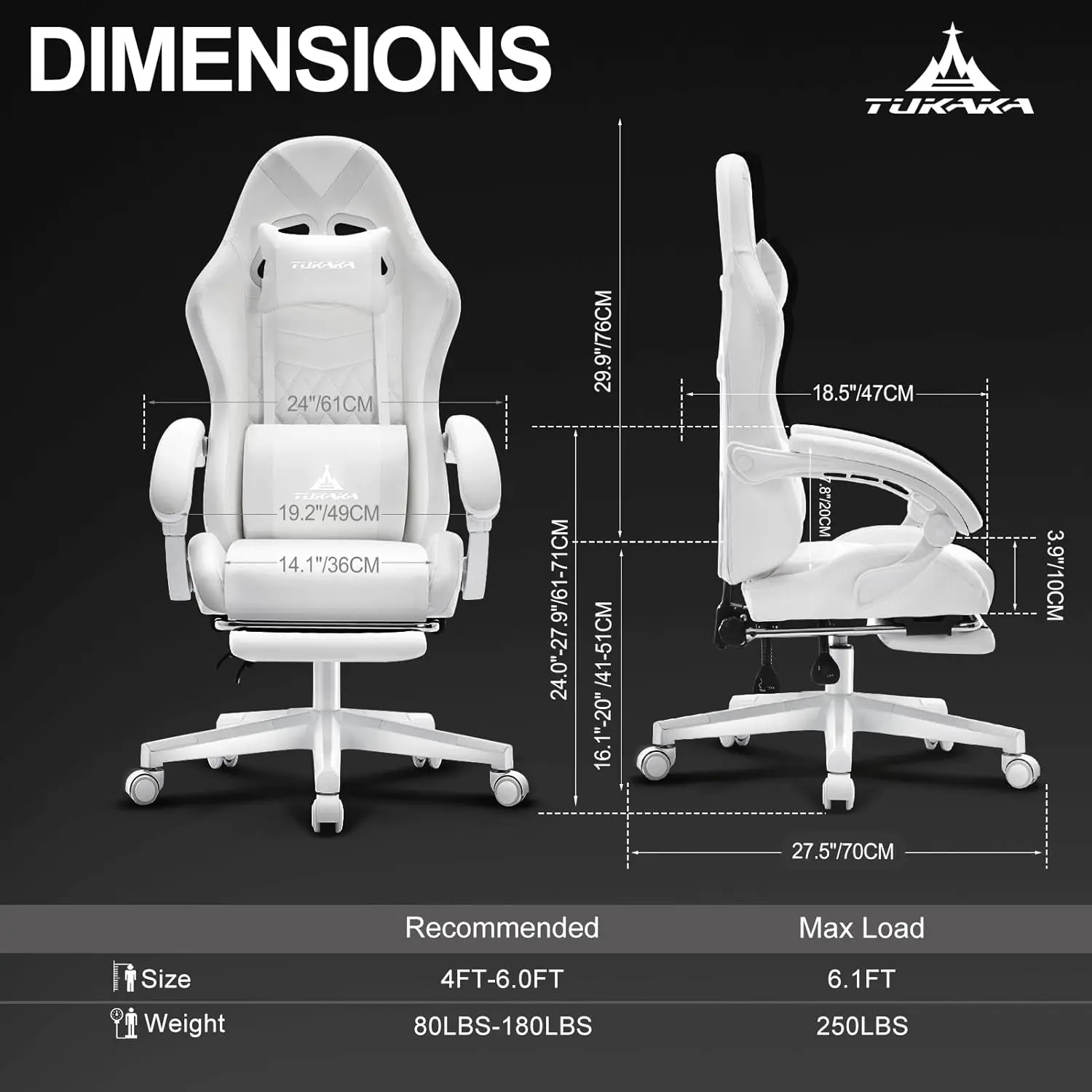 White Ergonomic Gaming Chair with Footrest, Reclining Leather Computer Desk Chair with Lumbar Support view 3