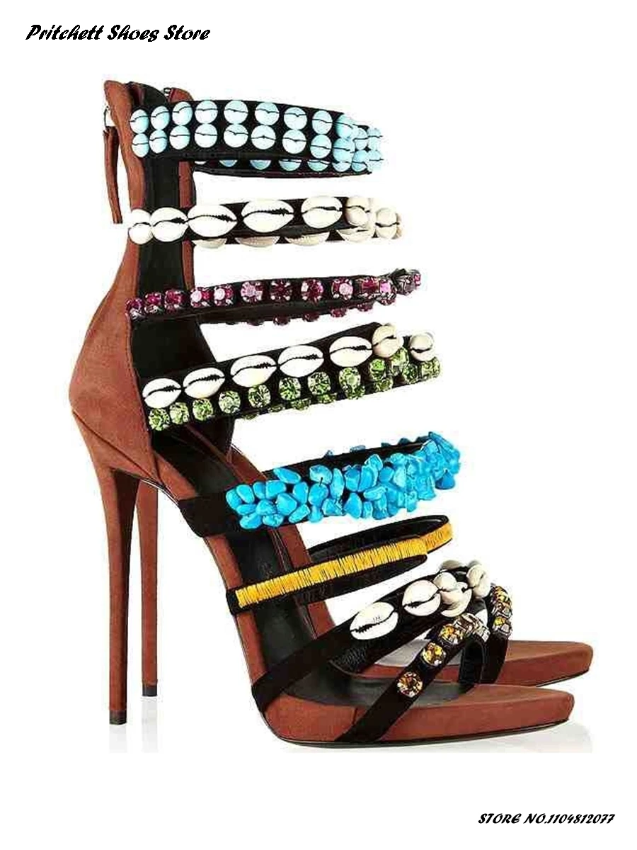 Sandali moderni da donna con conchiglia e cristallo Sandali alla moda con punta a punta e cerniera posteriore Tacchi a spillo Stile bohémien Scarpe da sera estive con data