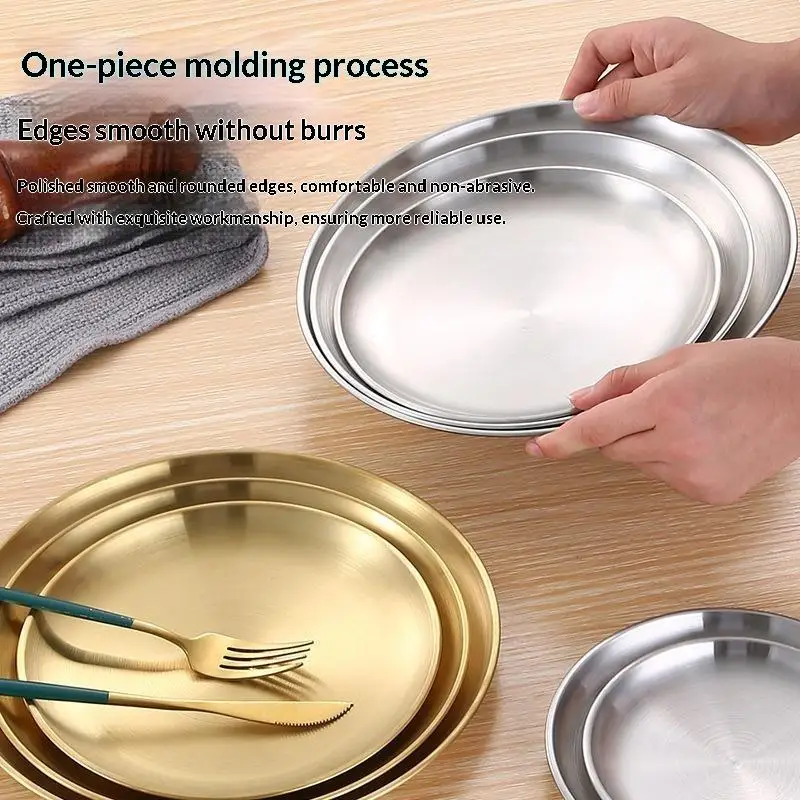 14/17/20/23cm Round Plate Dessert Plate Fruit Dish Barbecue Plate Bone Spitting Dish 201 Stainless Steel Tray Tableware