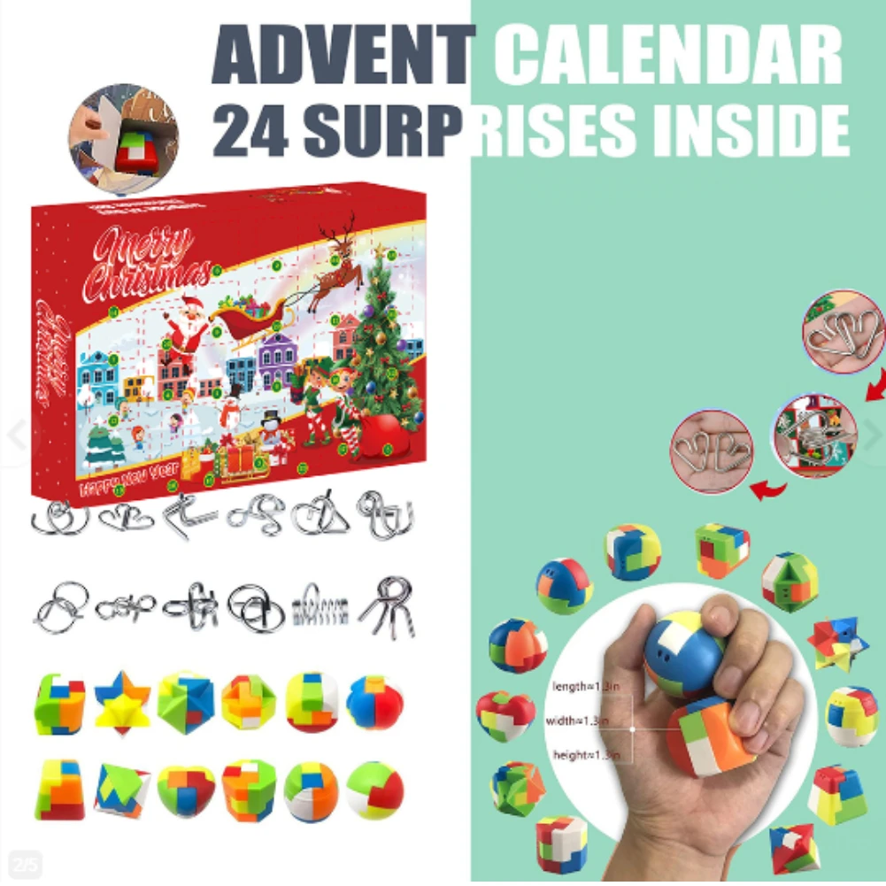 Advent Calendar with Plastic Metal Puzzle Toys Children Fun Challenges Xmas Toys Christmas Advent Calendar Xmas Gifts for Kids