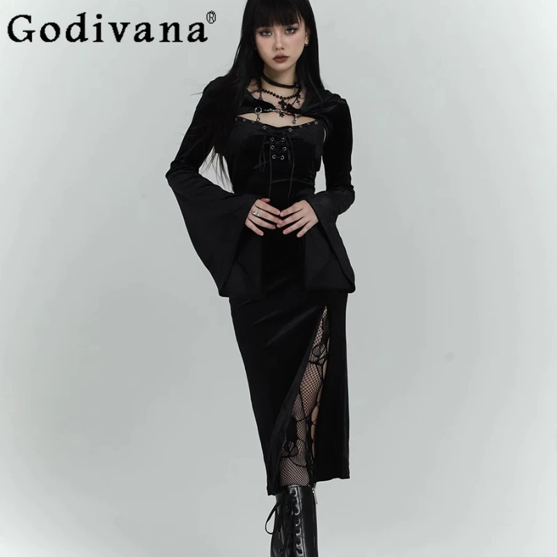 

Темная шаль, черное длинное платье, костюмы, женская одежда в готическом стиле, костюм на Хэллоуин, женский черный комплект платья для косплея