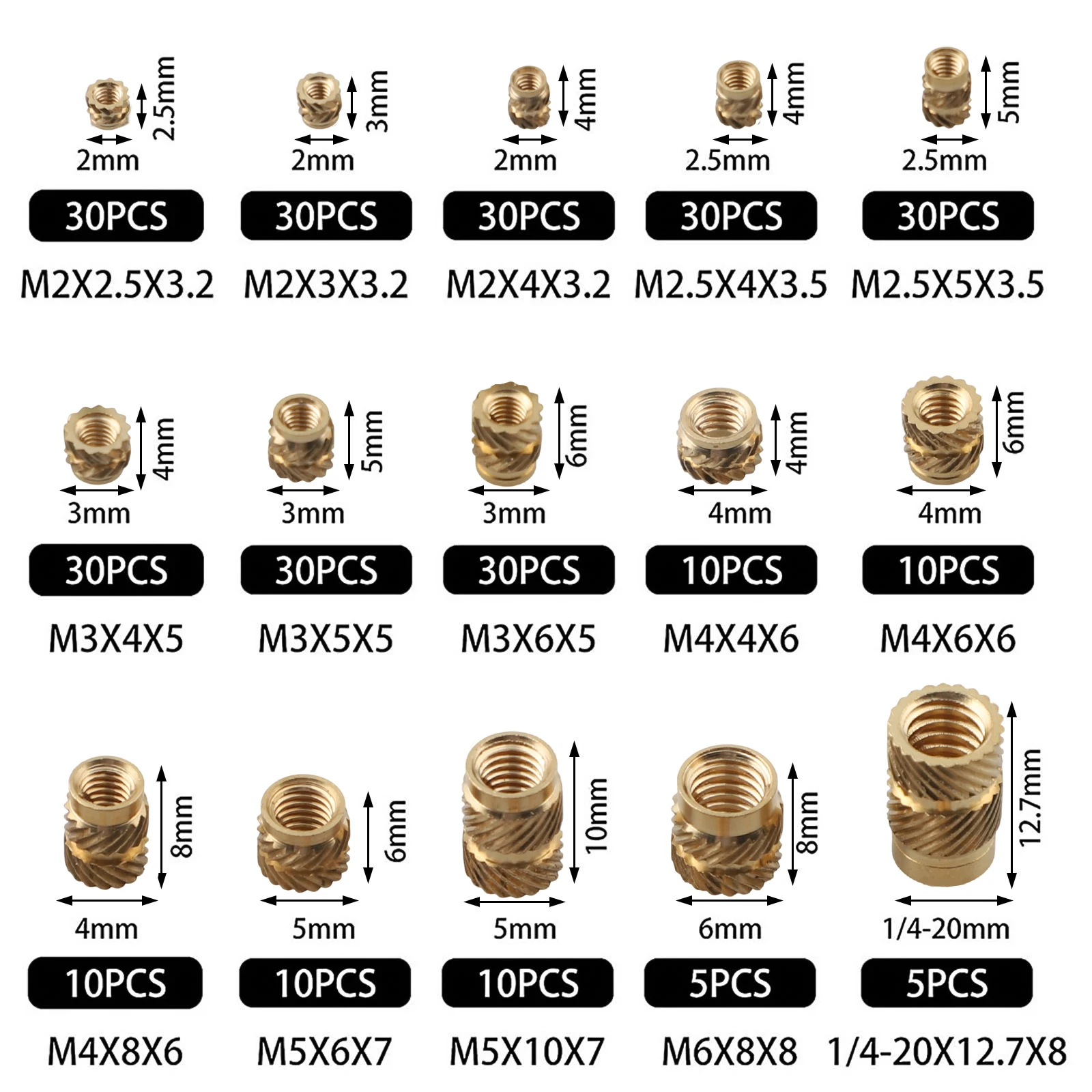 300pcs Threaded Insert M2 M2.5 for m3 M5 for m6 Insert Nut Brass Threaded Bushings Internal Thread Knurled Nuts Tools Parts