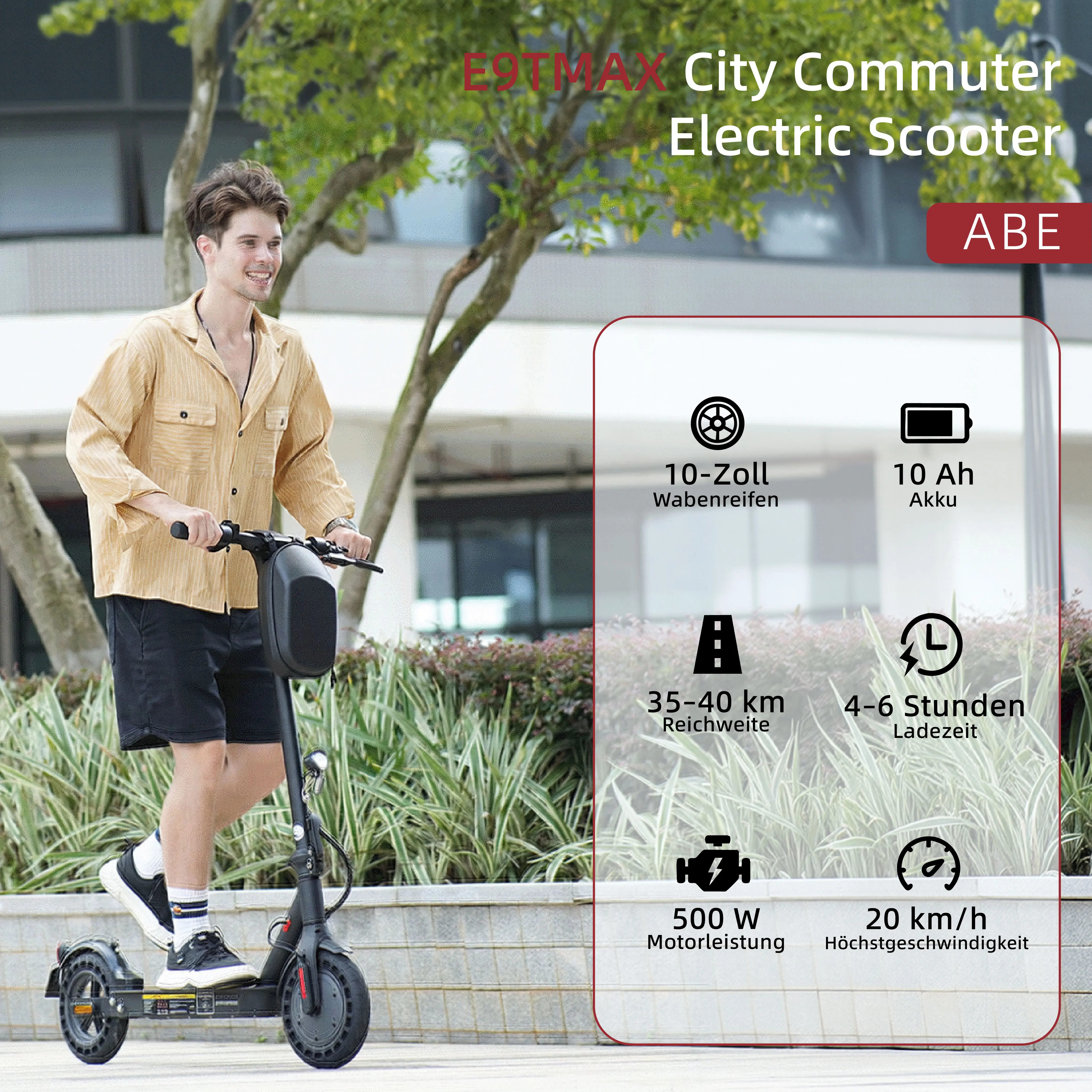 E9TMAX 10-Zoll-Elektroroller 500W 36V10Ah 35-40KM Reichweite 20KM/H 2 Geschwindigkeiten Minirobot APP Doppelbremse DE Standard E-Scooter (ABE,CE) Kostenlose Fahrradtasche – Detail 2