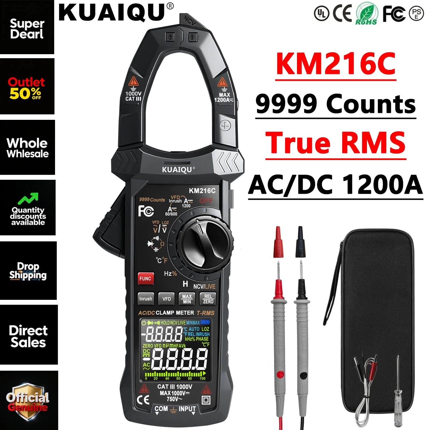 KUAIQU KM216C True RMS 1200A Digital Multimeter, 9999 Counts Amp Meter Clamp, Versatile Voltmeter Amperimetric Clamp, Ammeter