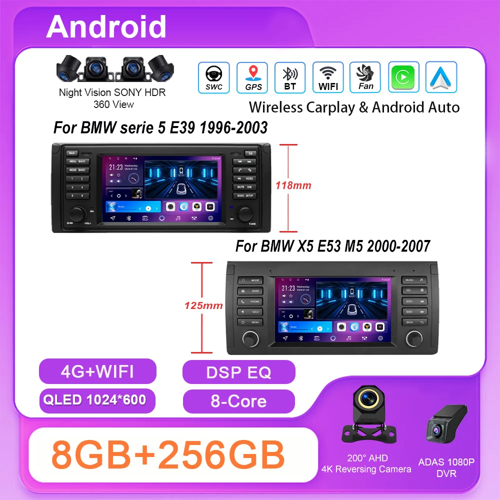 

7 Inch Wireless CarPlay Android Auto Radio For BMW 5 Series E39 X5 E53 M5 1996-2003 Car Multimedia GPS 2din DVD Autoradio 4G DSP