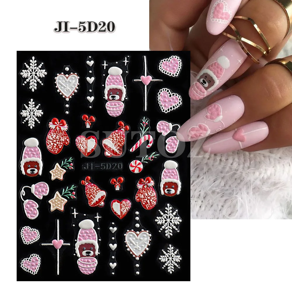 5D Embossed Christmas Nail Art Stickers Winter New Year Red Santa Claus Tree Penguins Snowman Sliders Decals Manicure