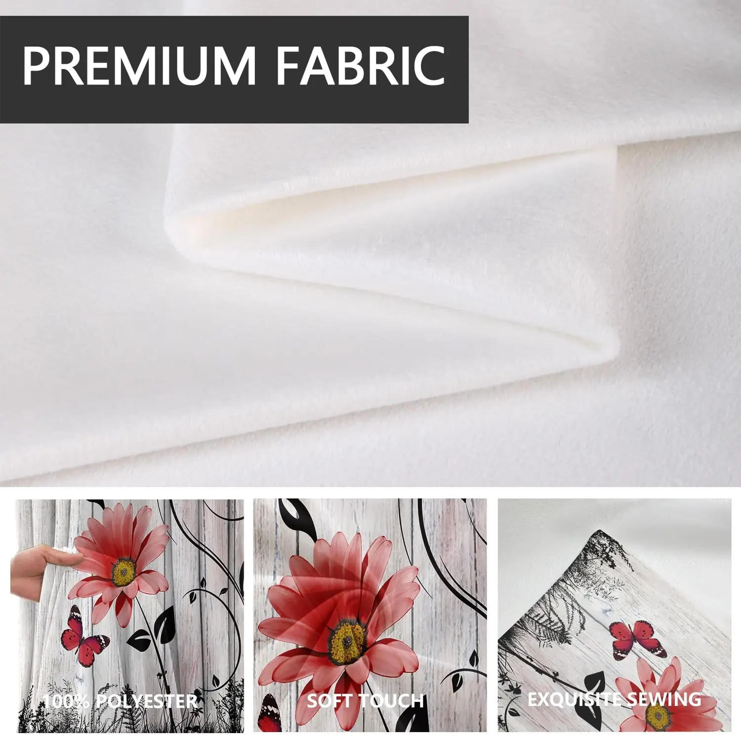 2 Pcs Red Floral Kitchen Short Curtains Rod Pocket Farmhouse Window Drapes Rustic Flower Cute  Daisy Butterfly Small Tiers