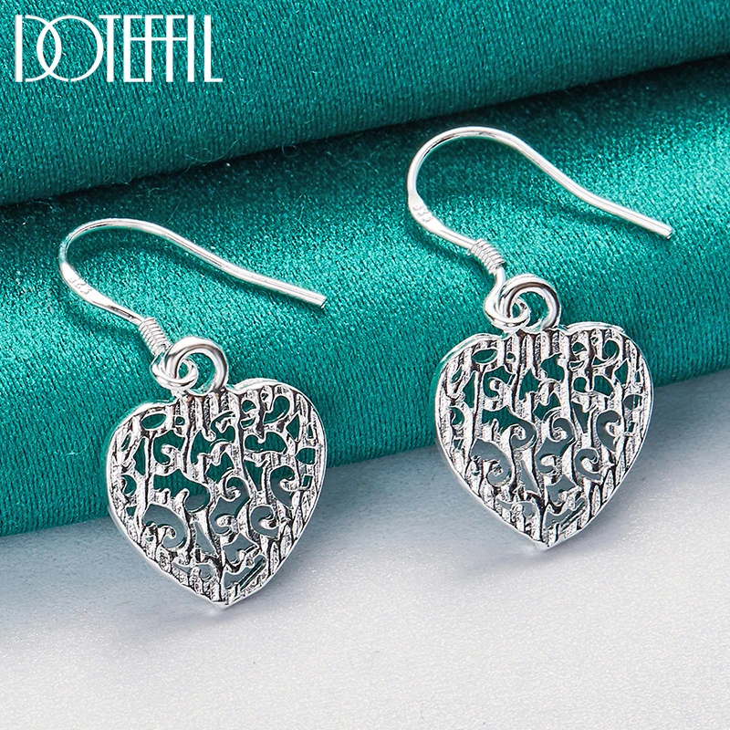 

DOTEFFIL 925 Sterling Silver Hollow Pattern Heart Drop Earring For Women Lady Wedding Engagement Party Fashion Jewelry