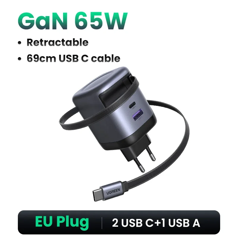 UGREEN 100W GaN-oplader met intrekbare USB C-kabel UFCS PPS PD snellader voor laptop Macbook Pro iPad tablet iPhone Samsung