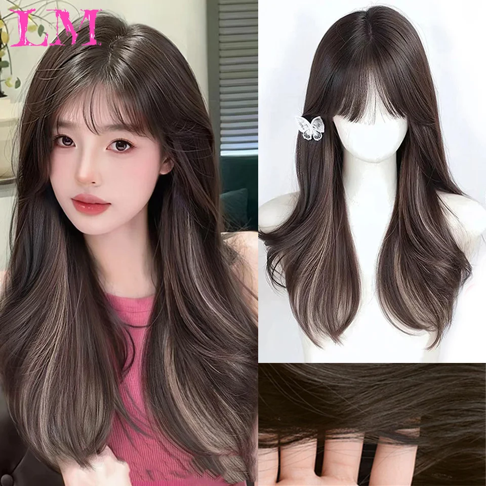 

LM Long Black Wavy Synthetic Wigs with Bangs for Women Afro Dark Water Wave Halloween Cosplay Natural Hair Wig Heat Resistant