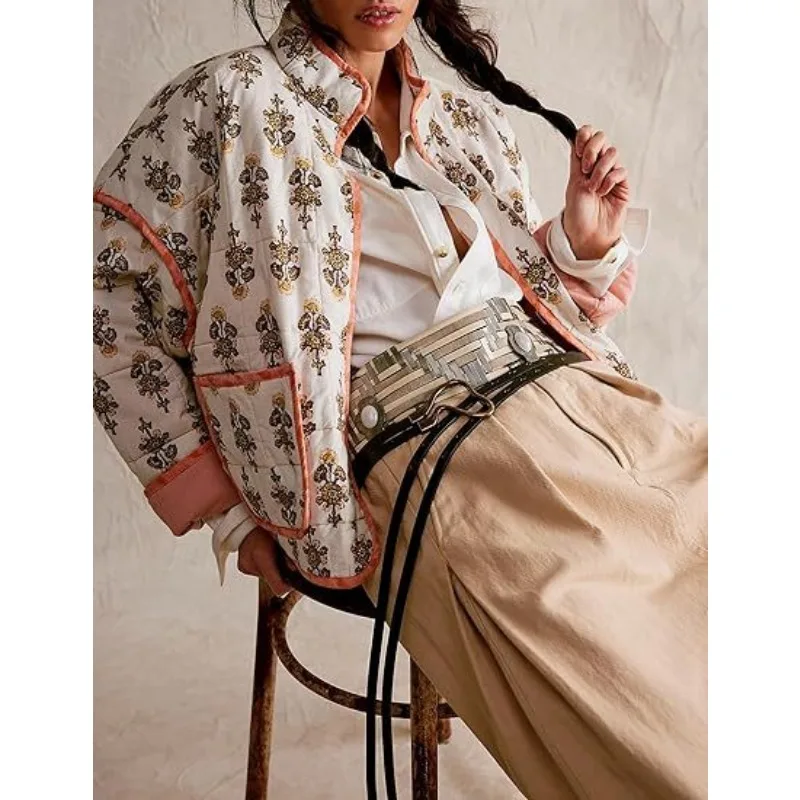 Vintage Harajuku Floral Print Cotton Coat Autumn Winter Women's Clothing Patchwork Cardigan Warm Cropped Jackets Outerwear Trend