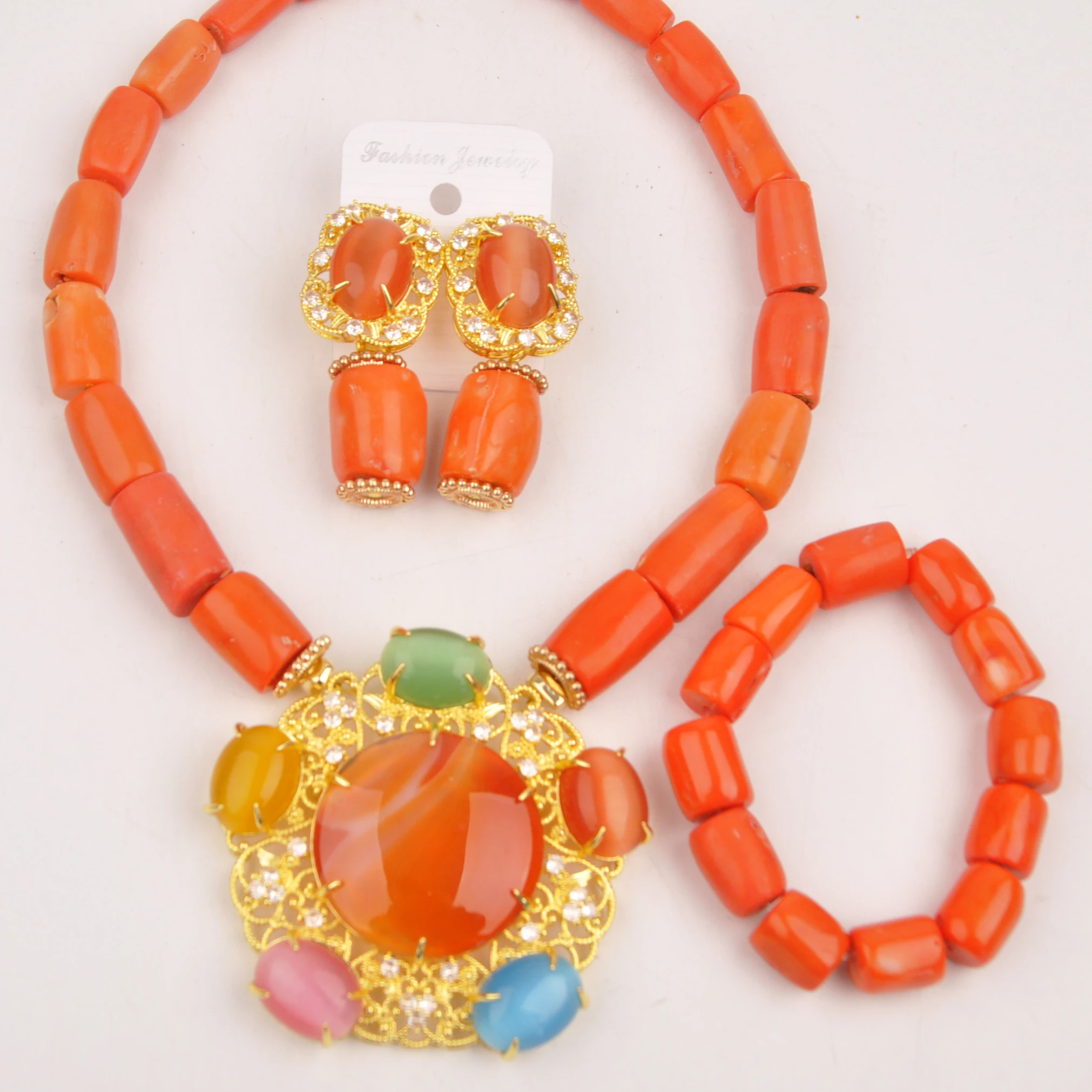 

Nigerian Bride Wedding Jewelry Gem Pendant Orange African Coral Necklace Set