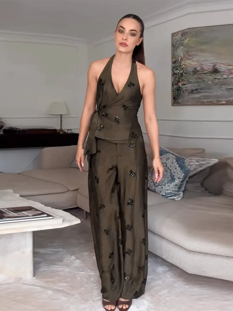 

Fashion Sequined Vest Pants 2 Pieces Sets Women Backelss Halter Sleeveless Top Wide Leg Trousers 2026 Summer Lady Party Suit