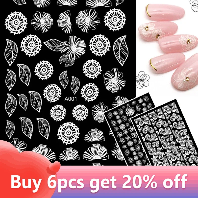 

Retro White Nail Stickers Self-Adhesive Lace Flower & Geometry Stripe Design Easy Apply Single Part Manicure Art Decorations