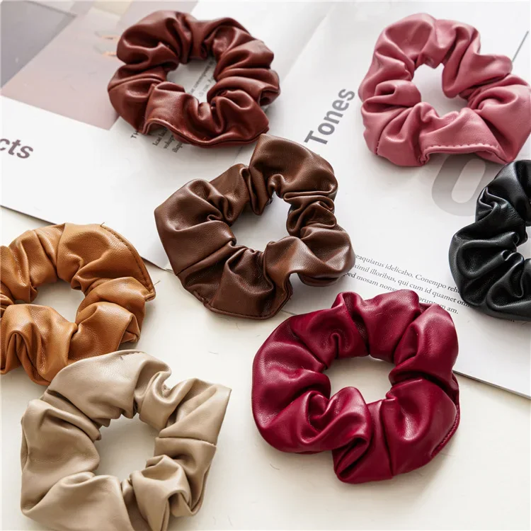 2023 Fashion Leather Scrunchies Solid Red Rubber Bands for Women Girls Korean Elastic Hair Bands Ponytail Hold Hair Accessories