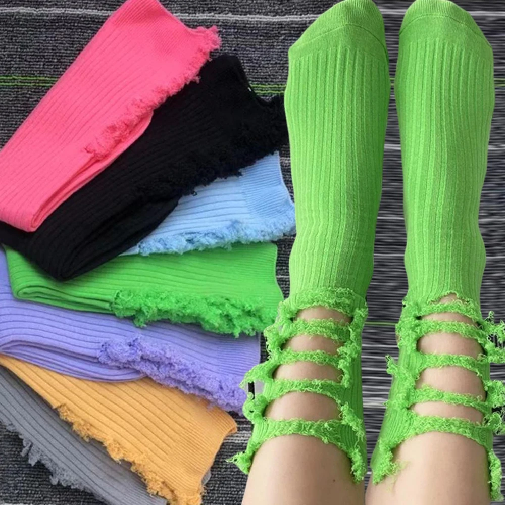 Chaussettes de Rue Harajuku à la Mode, en Coton, avec Trou Cassé, pour Mendiant, Tube Moyen, Hip-Hop, Skateboard, Automne et Hiver