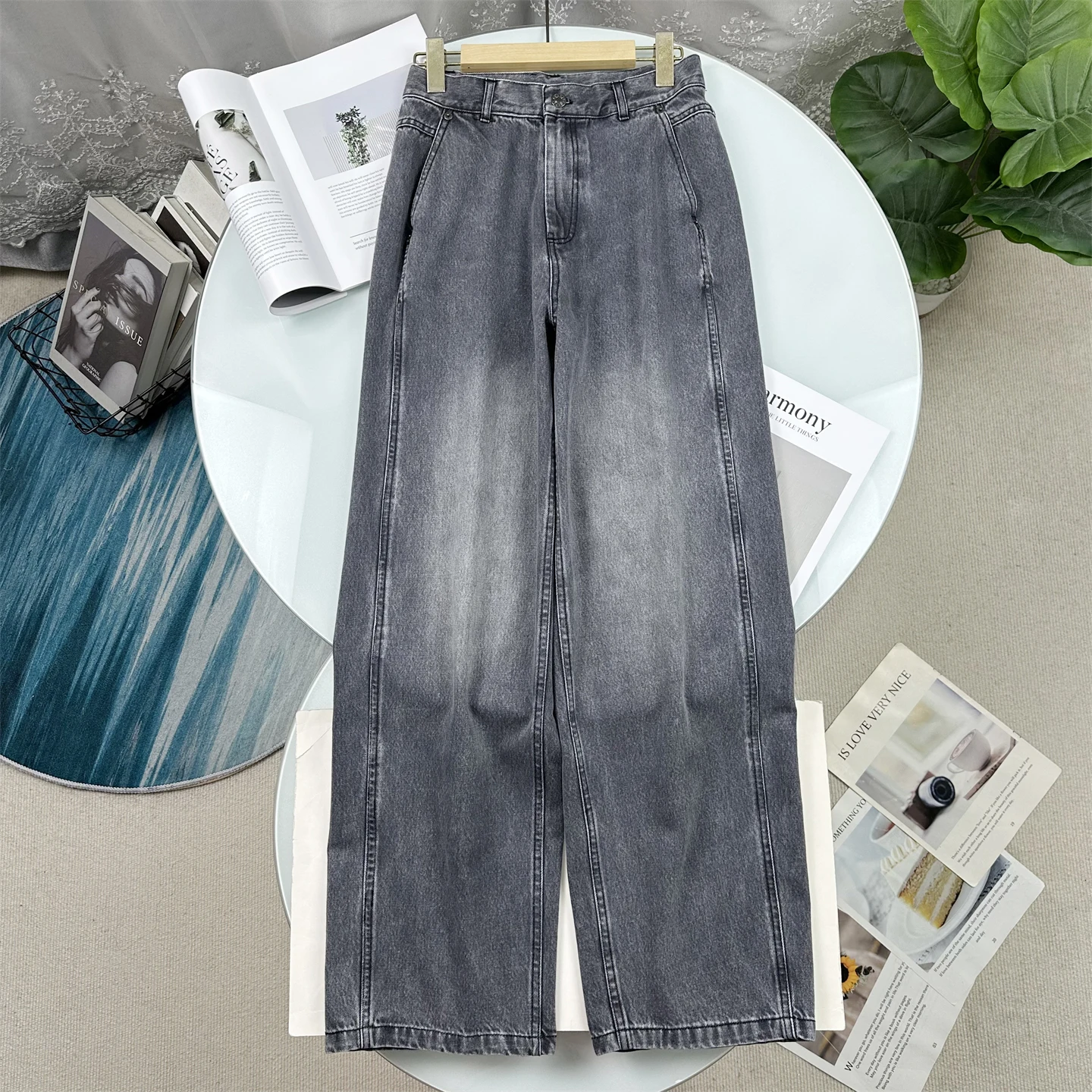 

Джинсы из хлопкового денима с широкими штанинами и высокой талией, прямого кроя, весенняя новинка, любимые повседневные брюки для женщин, рекомендованные блогерами.