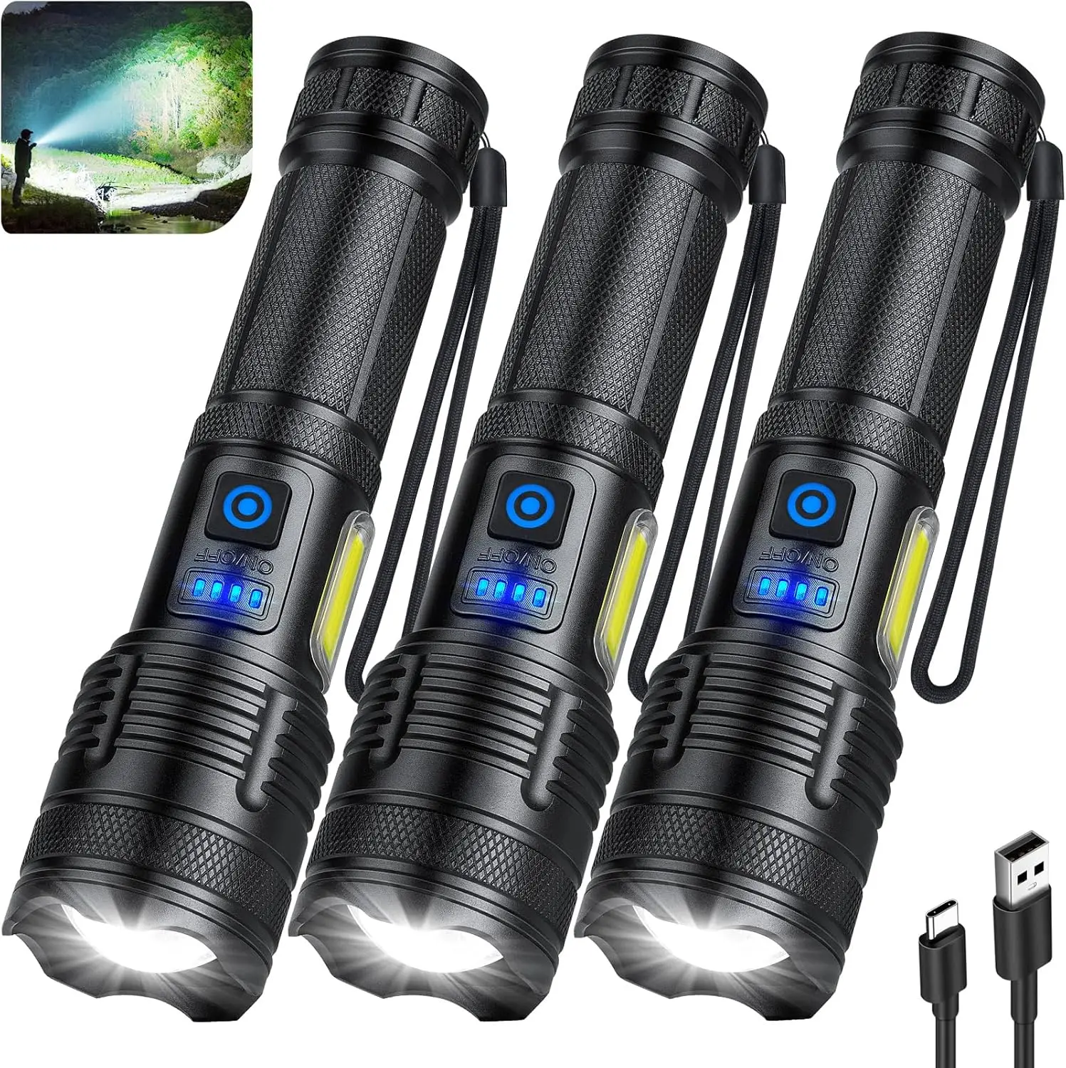 3 Pack Ultra Bright LED Flashlights, 90,000 Lumens, 7 Modes, IPX7 Waterproof for Camping and Home Use