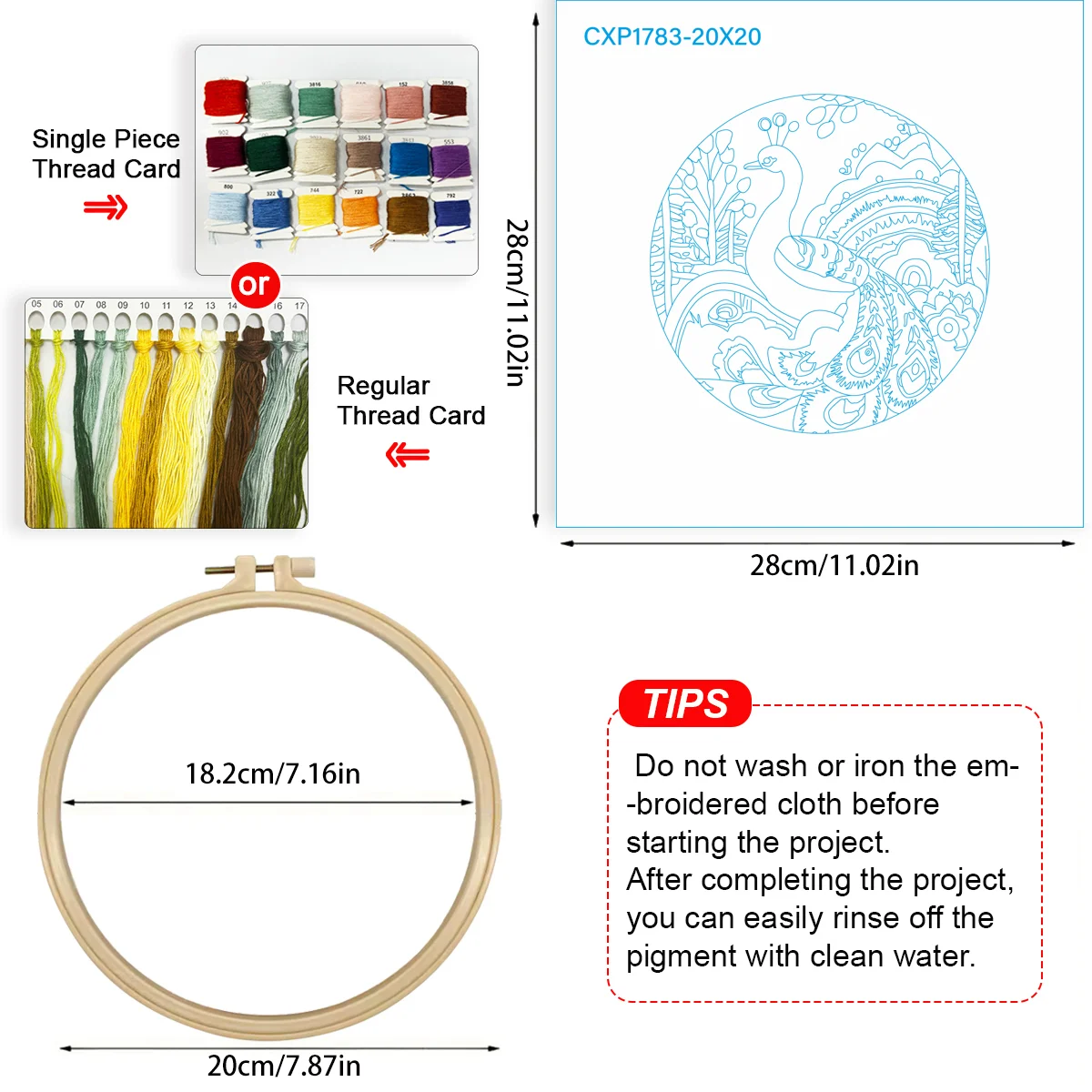 1 Stück 20X20CM/15X15CM 7,87/6,3 Zoll Pfauen-Stickerei-Starter-Kit DIY-Kit DIY-Stickerei-Set für Anfänger – Detail 5