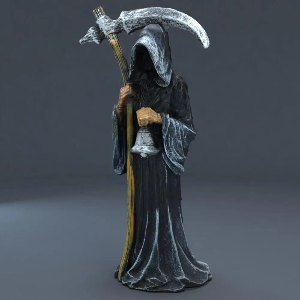 Symbolic Rebirth Figurine Santa Claus Figurine Grim Reaper Statue Resin Hooded Figurine with Sickle Bell Spooky for Home