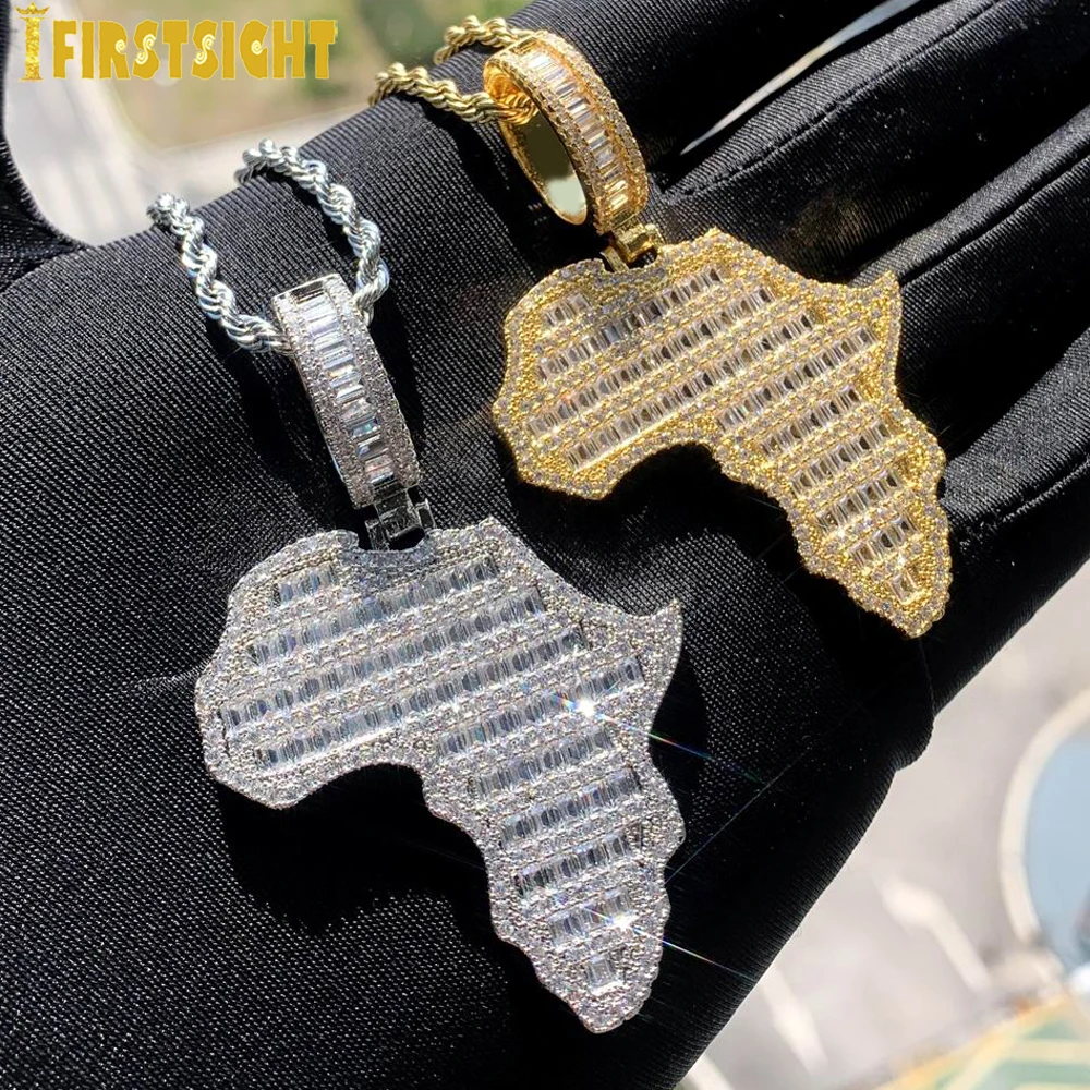 New Iced Out Bling Map Of Africa Pendant Necklace Gold Color Full CZ Zircon Charm Men Fashion Hiphop Jewelry