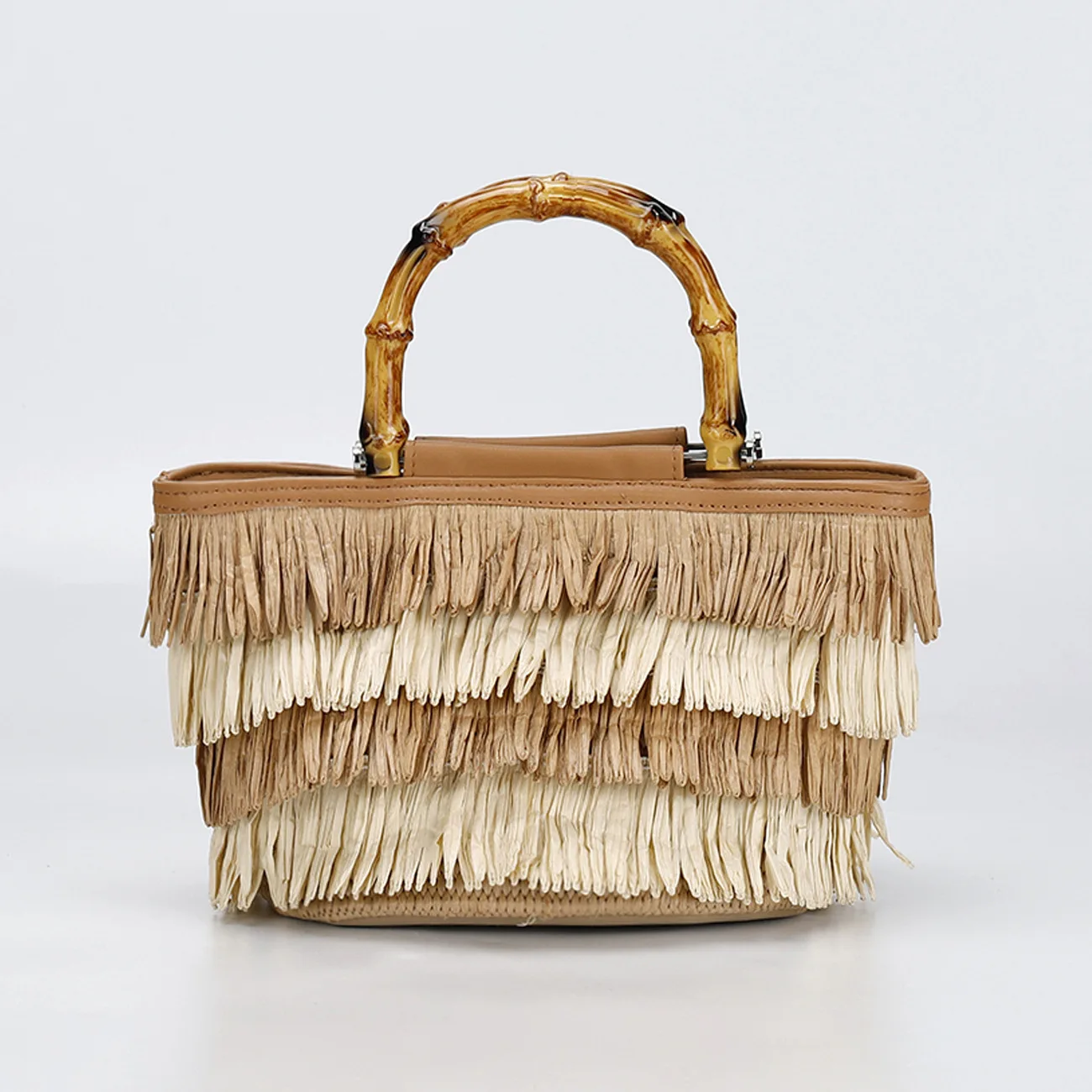 

Holiday straw tote bag for women, new summer fringed beach handbag, bamboo-handled Bohemian holiday bag for women