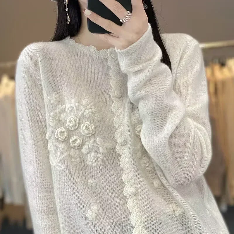 TPJB Autumn New Sweet Mori Style Handmade Embroidered Sweater Coat Round Neck Long Sleeve Cardigan Sweater