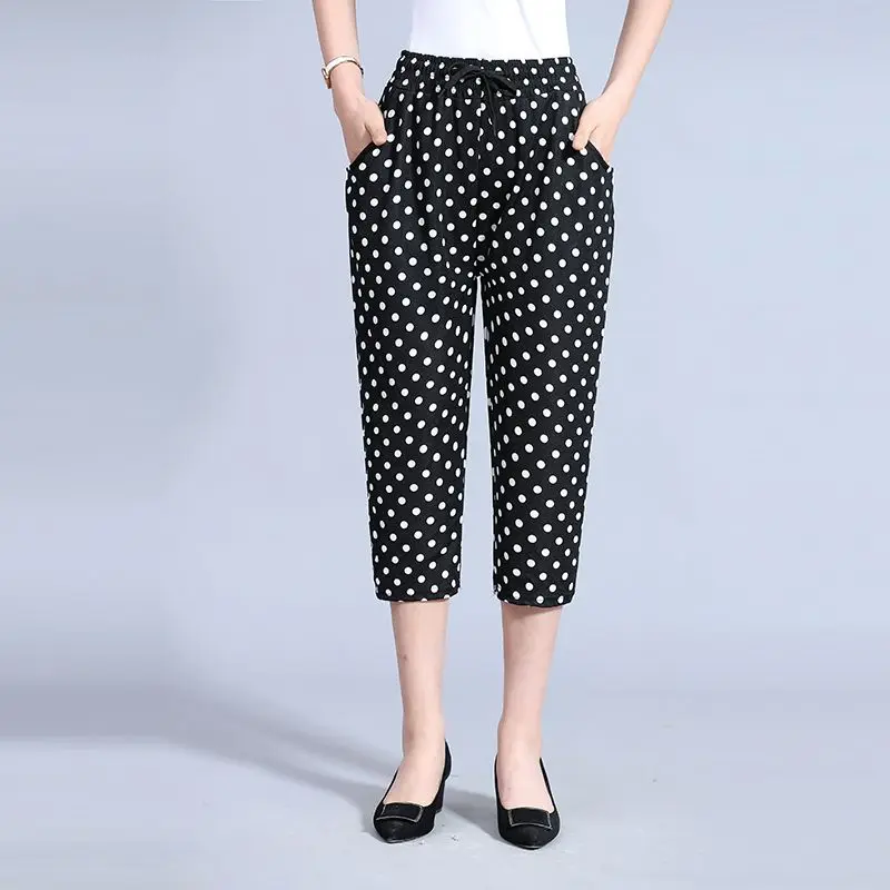 

Mid Aged And Elderly Women Pants 2024 Summer Thin Loose Mothers Casual Printed Calf-Length Pants Elastic High WaistedTrousers