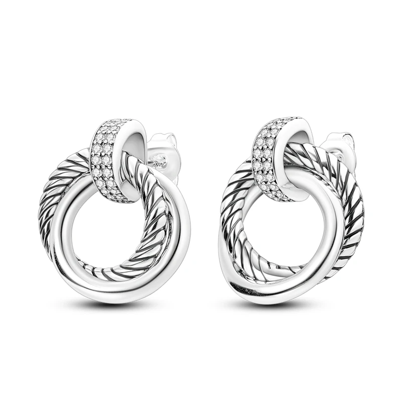 

925 Sterling Silver Eternal Double Ring Snake Bone Pattern Stud Earrings Women Trendy Party Wedding Anniversary Jewelry Gift