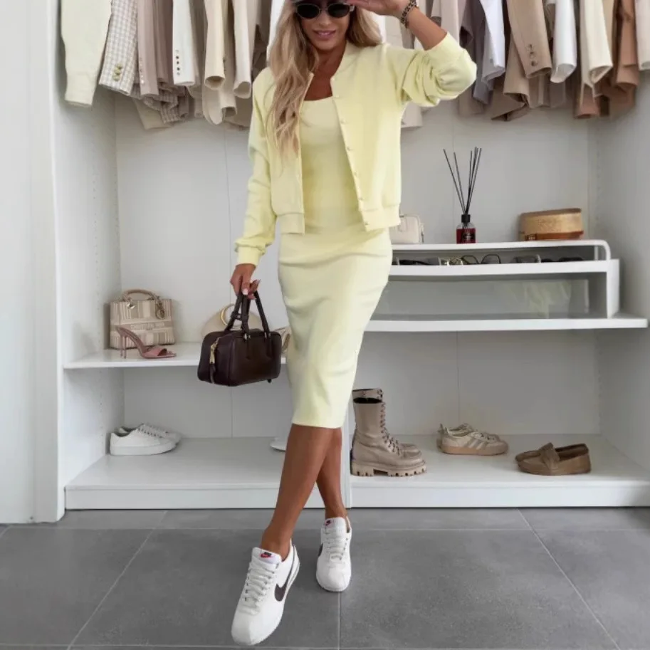 

Весенний сексуальный тонкий наряд с высокой талией, модный однотонный женский комплект, элегантное однобортное пальто с длинными рукавами и облегающее платье, комплект