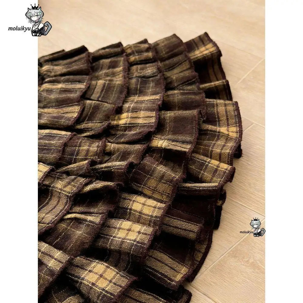 Y2K Grunge Brown Plaid Shirt Dress Women Puff Short Sleeve Collar Tiered Ruffle Mini Dress Gothic Vintage Streetwear Dresses view 4