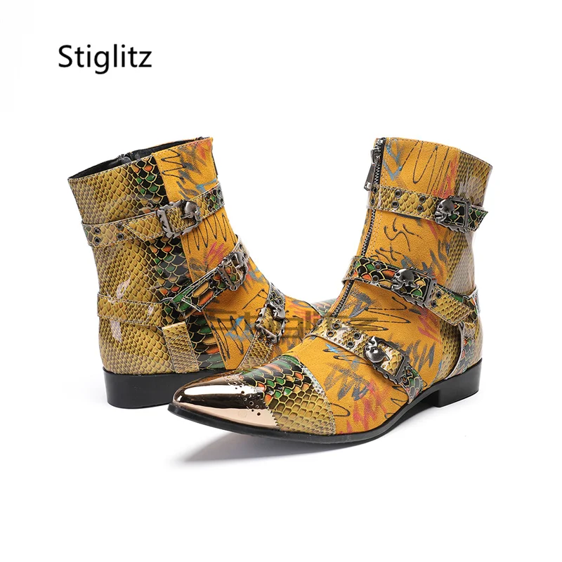 الأصفر الكتابة على الجدران يطبع تشيلسي الأحذية للرجال المعادن أشار تو جلد الغزال المرقعة الأحذية حزام مشبك حذاء من الجلد الذكور الأحذية #2