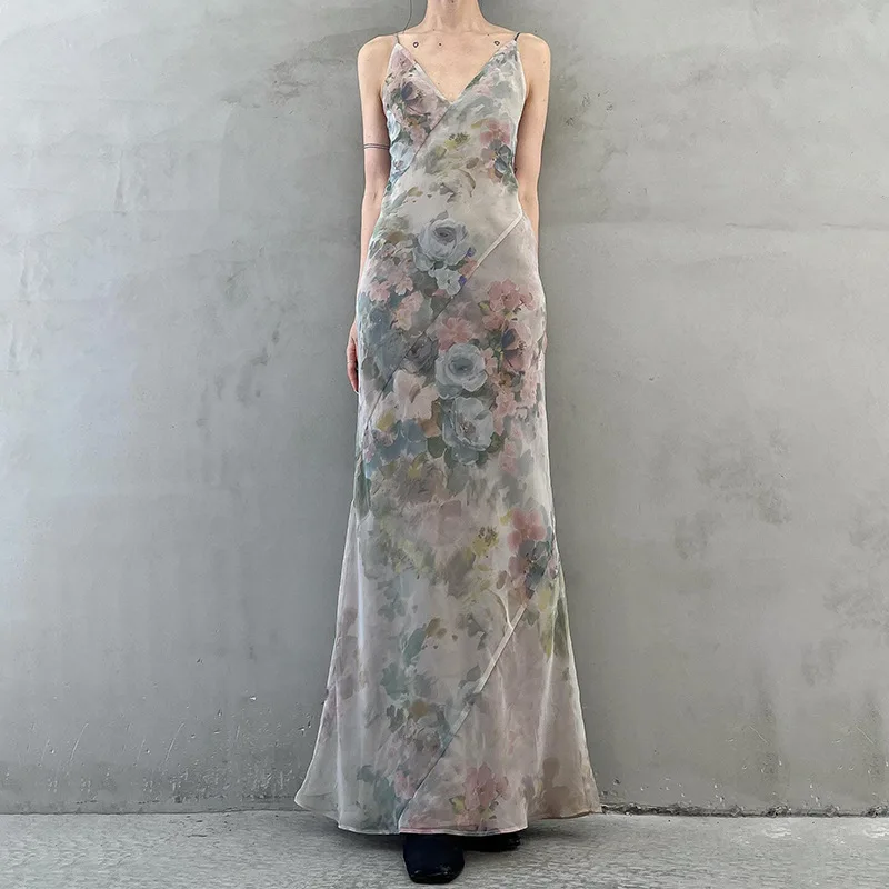 

Ins женское платье контрастного цвета с цветочным принтом, сексуальное платье с открытой спиной и талией, темпераментное платье на подтяжках, новинка