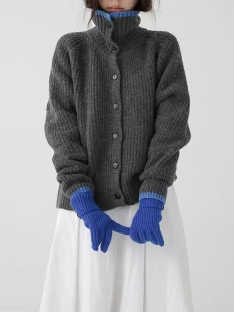 

Turtleneck Sweater Coat Simple Lapel Loose Casual Sweater Cardigan For Women Solid Color Trendy All-match Simple Style Commuting