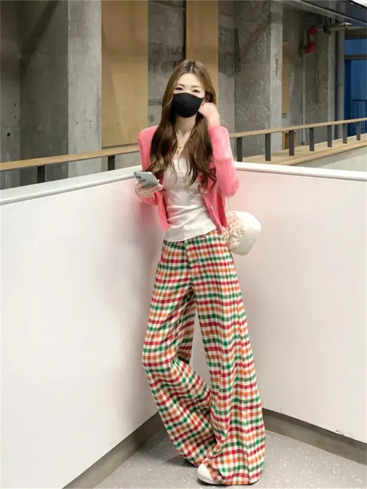 Korean Style Plaid Wide Leg Pants Casual High Waist Spring New Design Long Pants Ladies Fashion Trend Sun Protection