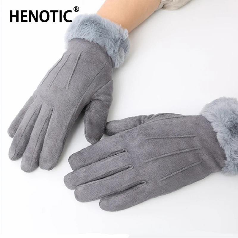 

Henotic Fashion Women Autumn Winter Gloves Furry Thicken Warm Touchscreen Windproof Outdoor Driving Cycling Mittens