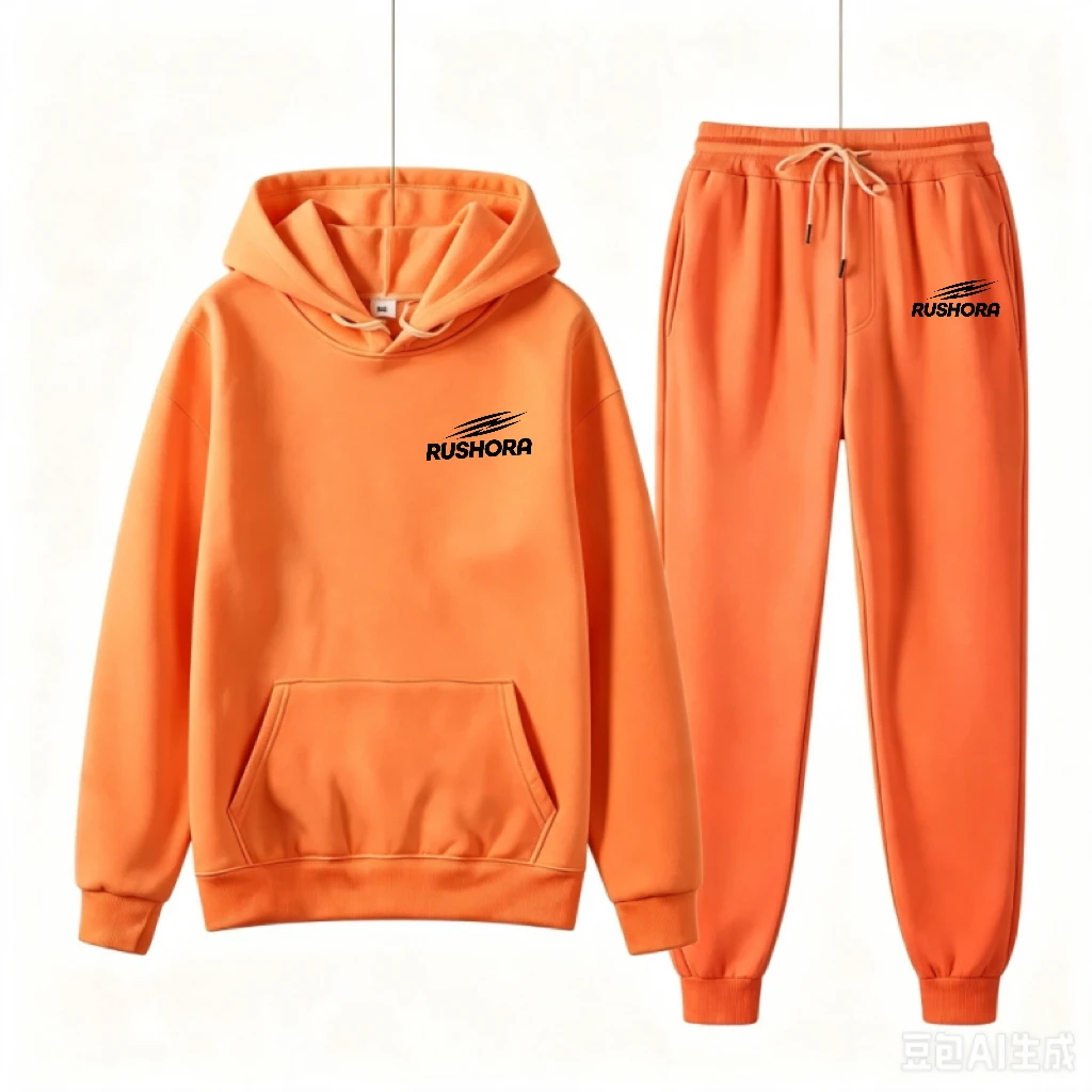Women's Autumn and Winter Large Size Solid Color Printed Hooded Pullover Loose Long-sleeved Pants Household Daily Fashion Suit view 5