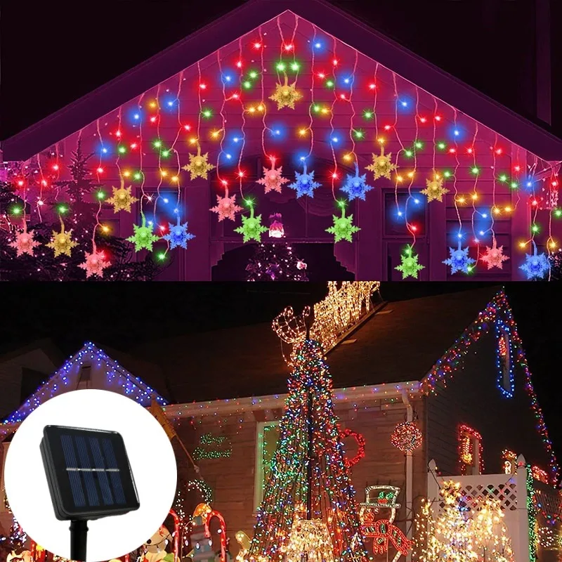 Solar LED Curtain Light Outdoor Garland Solar Fairy String Light Snowflake Lamps for Garden Yard Wedding Party Holiday Decor
