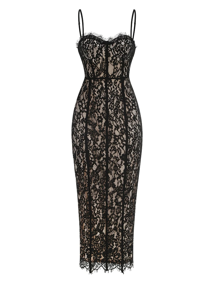 Sexy Spaghetti Strap V Neck Lace Long Dress Women Black Floral Lace  Sleeveless Bodycon Dresses Elegant Evening Celebrity Party - AliExpress  200000345