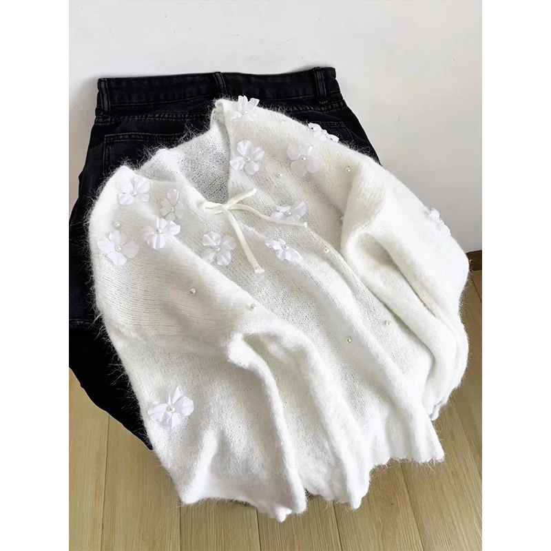 

Sweet Embroidered Flower Loose Knitted Sweater Women's Autumn Winter New Sle Casual Slimming Long Sve Comfortable Top