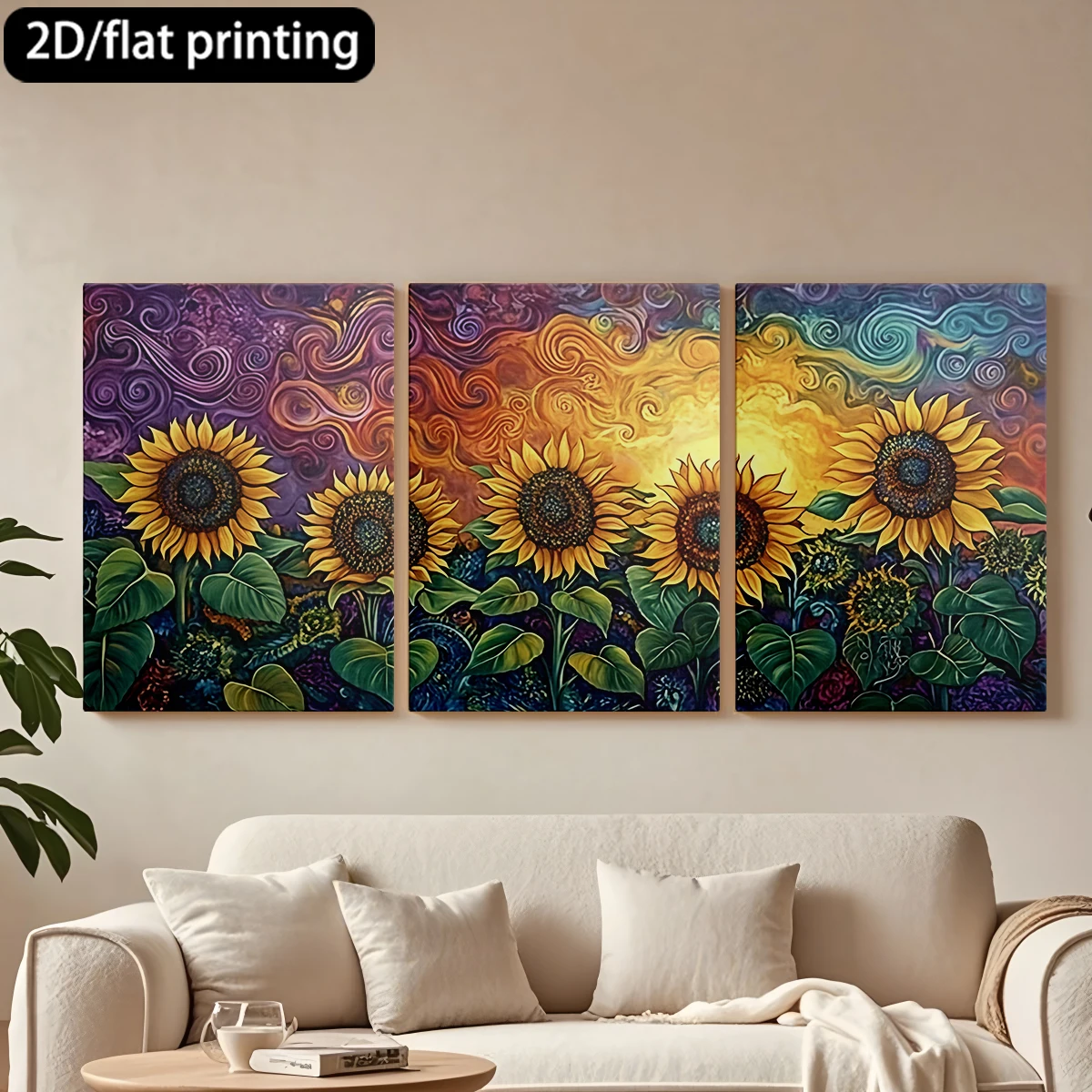 

3pc wooden frame canvas decorative painting Sunflowers, vivid color-swirling landscape.Corridor, Living Room Decoration