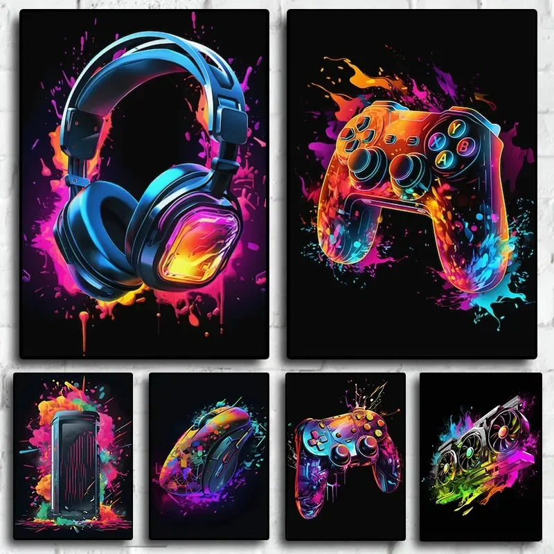 Pop Neon Video Game Character Poster Gamepad Headphones Football Basketball Canvas Print Wall Art Decor Gaming Room Decoratio