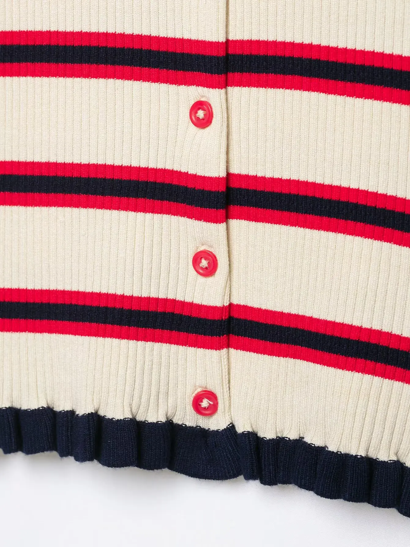 BSAY Neuer Preppy-Style Gestreifter Strickpullover für Damen Kontrast-Kragen Kurzarm Rüschenkante Knopfleiste Slim Fit Sommer Strickbluse – Detail 5