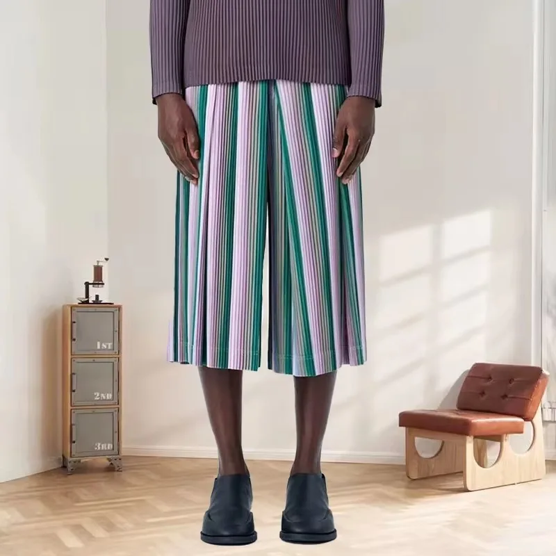 Miyake Original Pleated Seven Pants Men Japanese 2025 Spring Summer Striped Wide-legged Pants Casual Fashion Personality Pants